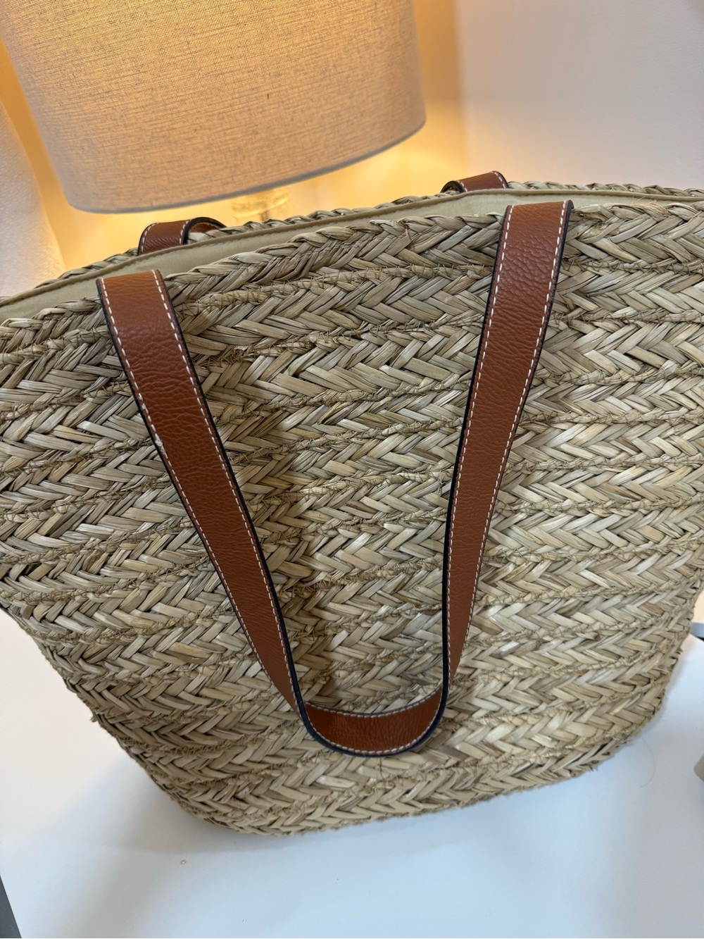 Universal Thread Natural Straw Tote with Brown Leather Pocket and Straps - Picture 3 of 7